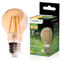 LED žiarovka E27 A60 6W 660LM = 50W 2000K teplá biela 360° Filament Amber LUMILED