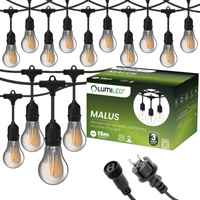 Záhradná vonkajšia svetelná reťaz Girland 15m 15x žiarovky E27 SMOKEY 6W 2200K MALUS Lumiled