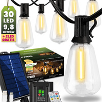 Solárna záhradná girlanda 30x LED dekoratívne žiarovky 9,8 m 2700K Warm + PYRIS LUMILED diaľkové ovládanie