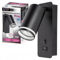 Nástenná povrchová lampa na čítanie GU10 USB Black Matte Ring Masterled