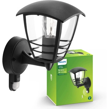 Záhradné nástenné svietidlo Vonkajšia lampa E27 IP44 so senzorom pohybu a súmraku Black Creek Philips