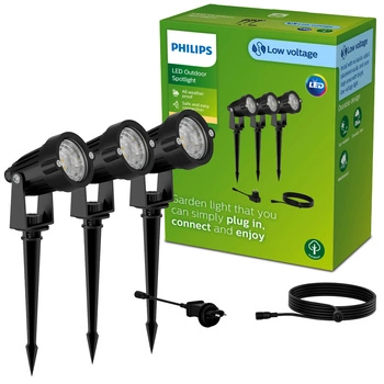 3x LED reflektorová záhradná lampa 1,5 W 180 lm 2700K čierna + napájací zdroj Philips