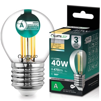LED žiarovka E27 guľka P45 2,2W 470lm = 40W 2700K teplá biela 360° Filament CLASS A LUMILED