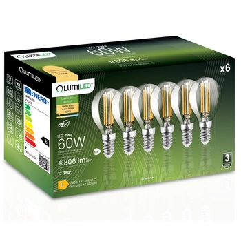 6x LED žiarovka E14 guľka P45 7W = 60W 806lm 3000K teplá biela 360° FILAMENT LUMILED