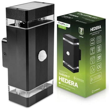 Záhradné nástenné svietidlo zhora nadol 2x GU10 Black Senzor pohybu a súmraku HEDERA LUMILED