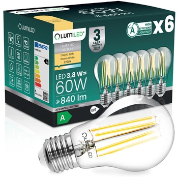6x LED žiarovka E27 A60 3,8W 840lm = 60W 2700K teplé 360° vlákno CLASS A LUMILED