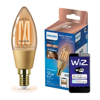 LED žiarovka E14 sviečka C35 4,9W = 25W 370lm 2000-5000K TW FILAMENT Amber Smart SMART WiFi Bluetooth App WiZ Philips