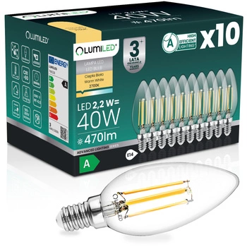 10x LED žiarovka E14 sviečka B35 2,2W 470lm = 40W 2700K teplá biela 360° Filament CLASS A LUMILED