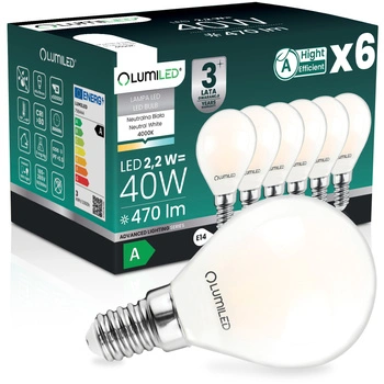 6x LED žiarovka E14 guľka P45 2,2W 470lm = 40W 4000K neutrálna biela 360° vlákno CLASS A LUMILED