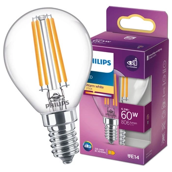 LED žiarovka E14 guľka P45 6,5W = 60W 806lm 2700K teplá biela FILAMENT LED Classic Philips