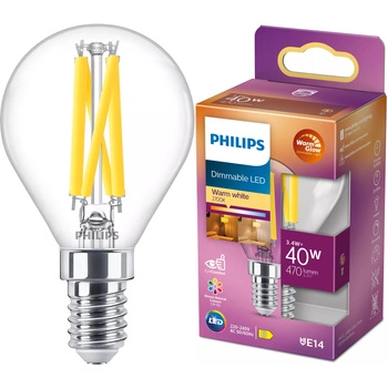 LED žiarovka E14 guľka P45 3,4W = 40W 470lm 2200-2700K teplá biela CRI90 FILAMENT Dimmable WarmGlow Philips