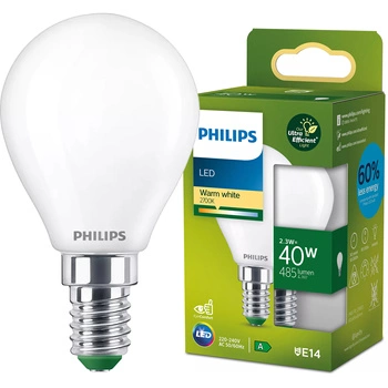 LED žiarovka E14 guľka P45 2,3W = 40W 485lm 210lm/W 2700K teplá biela 300° CLASS A UltraEfficient Philips