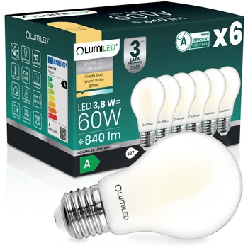 6x LED žiarovka E27 A60 3,8W 840lm = 60W 2700K teplá biela 360° vlákno CLASS A LUMILED