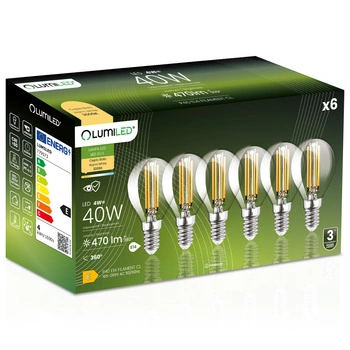 6x LED žiarovka E14 Ball P45 4W = 40W 470lm 3000K Warm 360° FILAMENT LUMILED