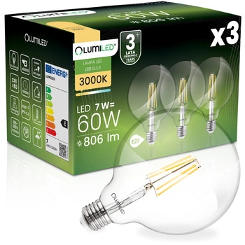 3x LED žiarovka E27 Sphere G125 7W = 60W 806lm 3000K Warm 360° FILAMENT LUMILED