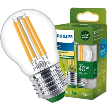 LED žiarovka E27 guľka P45 2,3W = 40W 485lm 210lm/W 2700K teplá biela 300° CLASS A UltraEfficient Philips