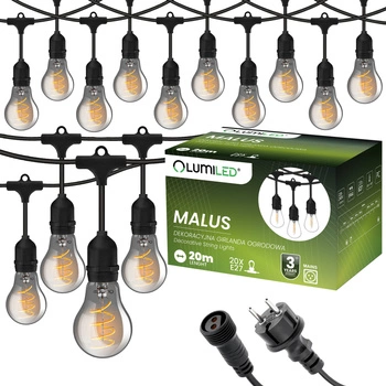 Záhradná vonkajšia svetelná reťaz Girland 20m 20x žiarovky E27 SMOKEY 6W 2200K MALUS Lumiled