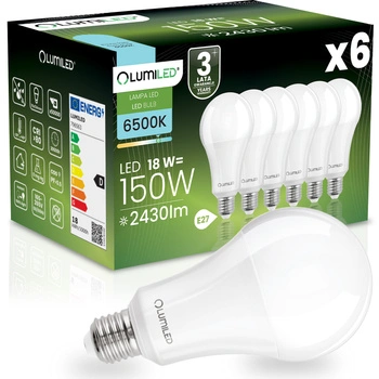 Sada 6x LED žiarovka E27 A70 18W = 150W 2421lm 6500K Cold 260° LUMILED