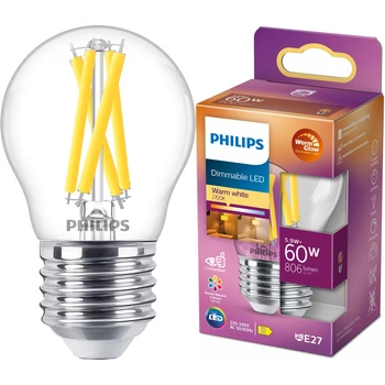 LED žiarovka E27 guľka P45 5,9W = 60W 806lm 2200-2700K teplá biela CRI90 FILAMENT Dimmable WarmGlow Philips