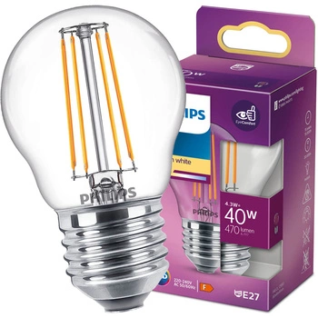 LED žiarovka E27 guľka P45 4,3W = 40W 470lm 2700K teplá biela FILAMENT LED Classic Philips