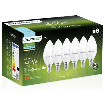 6x LED žiarovka E14 Candle B35 5W = 40W 470lm 6500K studená biela 180° LUMILED