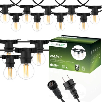 Záhradná vonkajšia svetelná reťaz Girland 20m 40x žiarovky E27 7W 4000K NARCI Lumiled