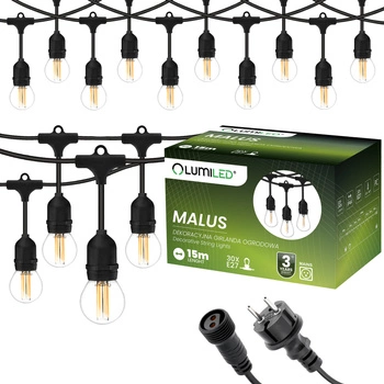 Záhradná vonkajšia svetelná reťaz Girland 15 m 30x žiarovky E27 7W 3000K MALUS Lumiled