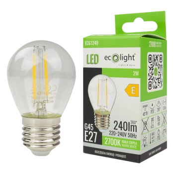 LED žiarovka guľka P45 E27 2W 240lm 2700K teplá biela FILAMENT Ecolight