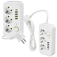 Predlžovací kábel Zástrčka 3x uzemnená zásuvka Napájací pásik 4x USB-C USB vypínač 1,5 m biely Linea Pro Kobi